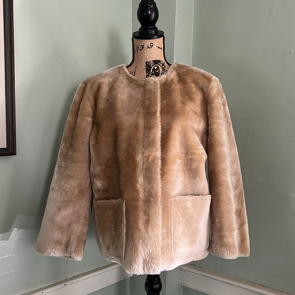 NWT Ann Taylor LOFT Faux Fur Tan Suede Lined Lux Evening Jacket Pockets Large L